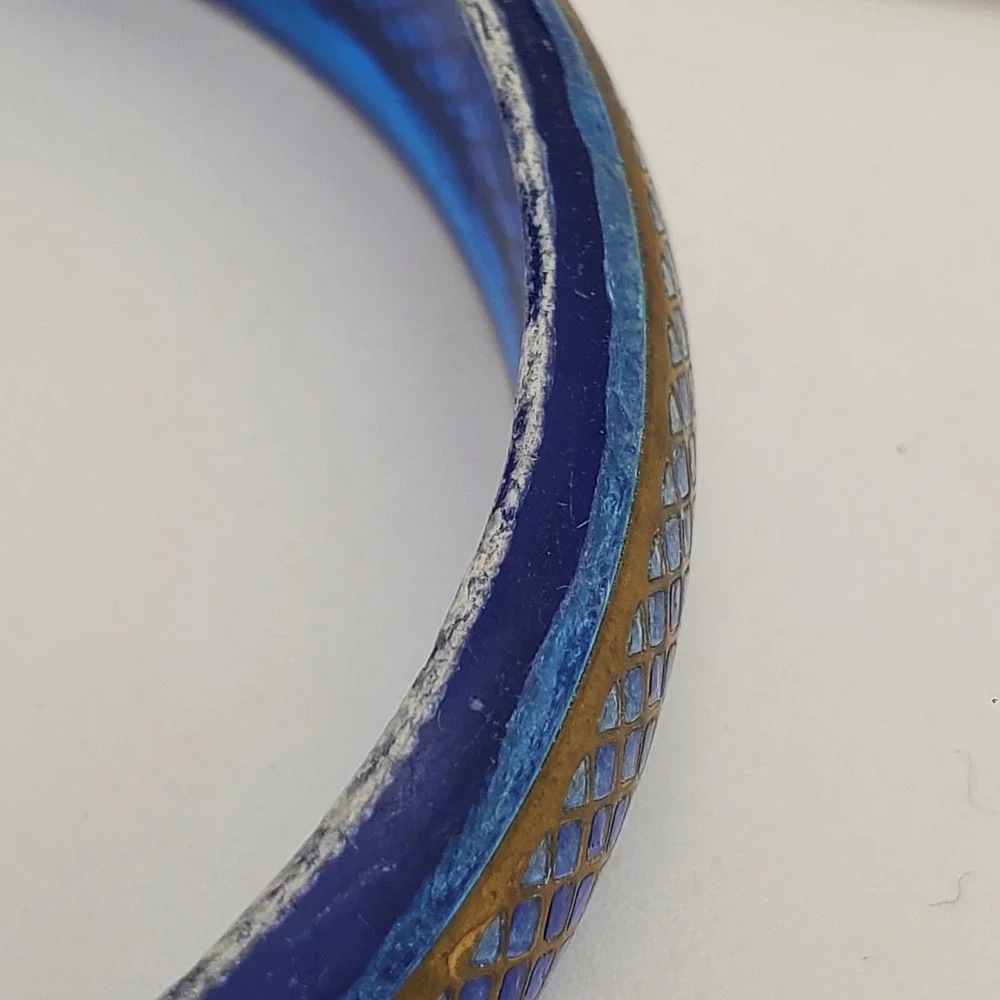 Vintage Acrylic Bangle Bracelet Set Blue Green Orange Gold Tone Geometric Boho